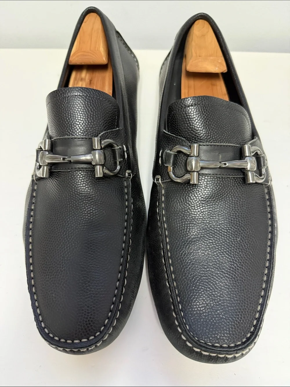 Salvatore Ferragamo Black Pebbled Leather Bit Slip-Ons